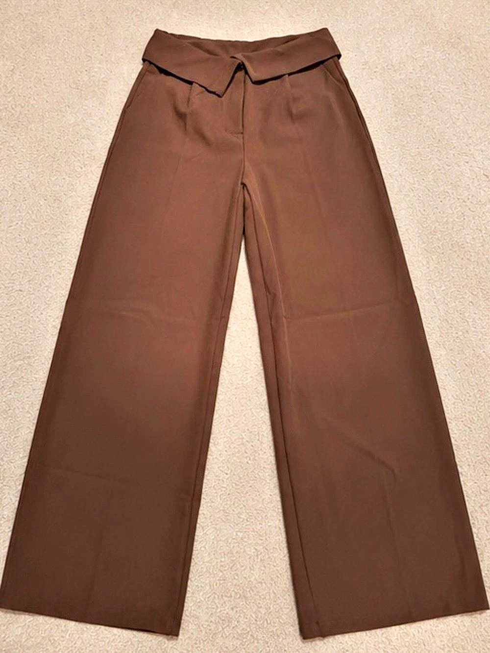 Brown Wide Leg Trousers with Fold-over Waist